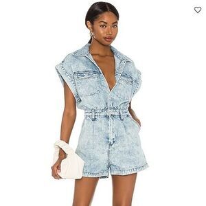 BLANKNYC Acid Wash Head Backstage Denim Romper Elastic Waistband Shorts Medium